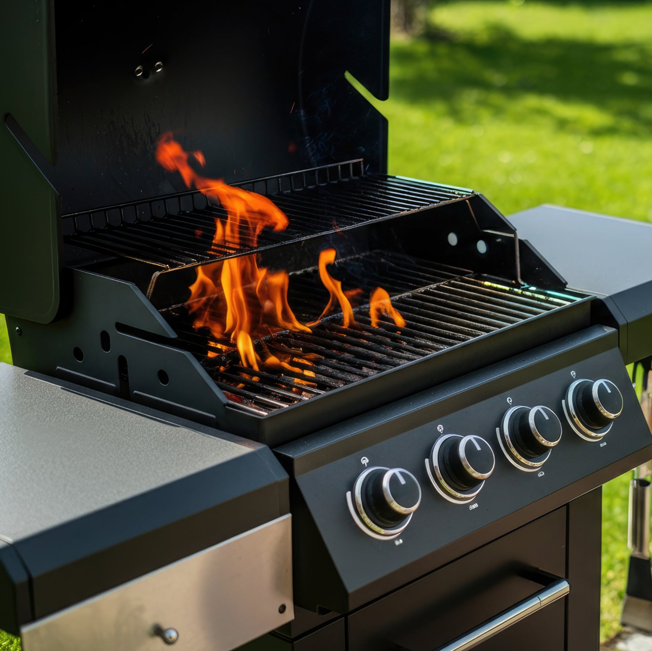 Four-burner gas grill with open lid and flames